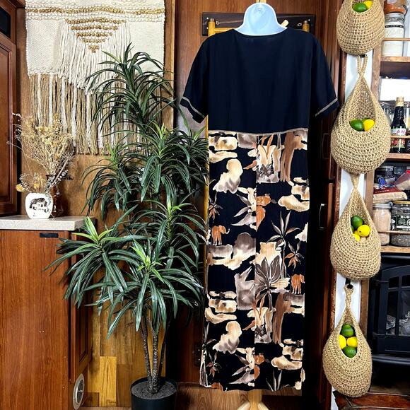 Vintage 90s Safari Print Maxi Dress M | Boho African Animal Zebra Giraffe Rayon - Picture 2 of 13